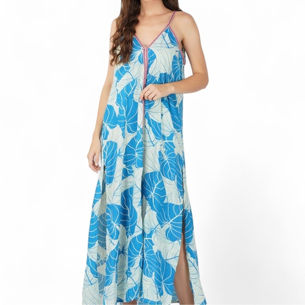 America & Beyond Women Side Slit V Neck Tropical Maxi Dress